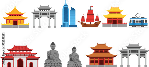 Comprehensive collection of Hong Kong travel landmarks featuring traditional Chinese temples, Buddha statues, iconic junk boat, modern skyscrapers, and historic city transportation icons.