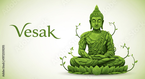 Serene meditation concept with an enlightened figure crafted from vibrant green leaves, symbolizing spiritual growth and renewal for mindfulness practices