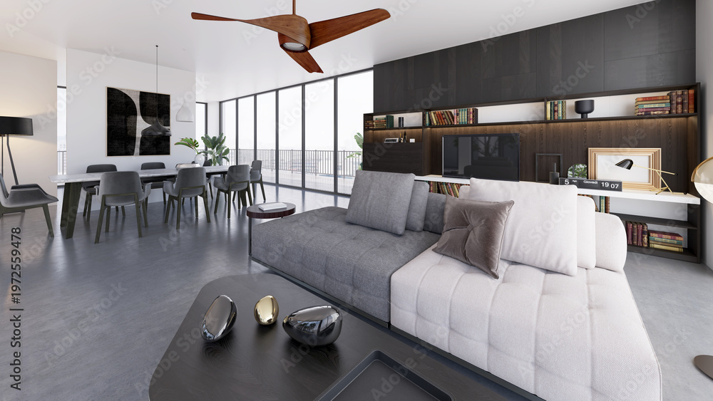 Obraz premium 3D render, illustration Luxury modern living room interior, realistic lighting, wide angle, contemporary furniture, clean lines, minimalist decor, elegant home design, large window