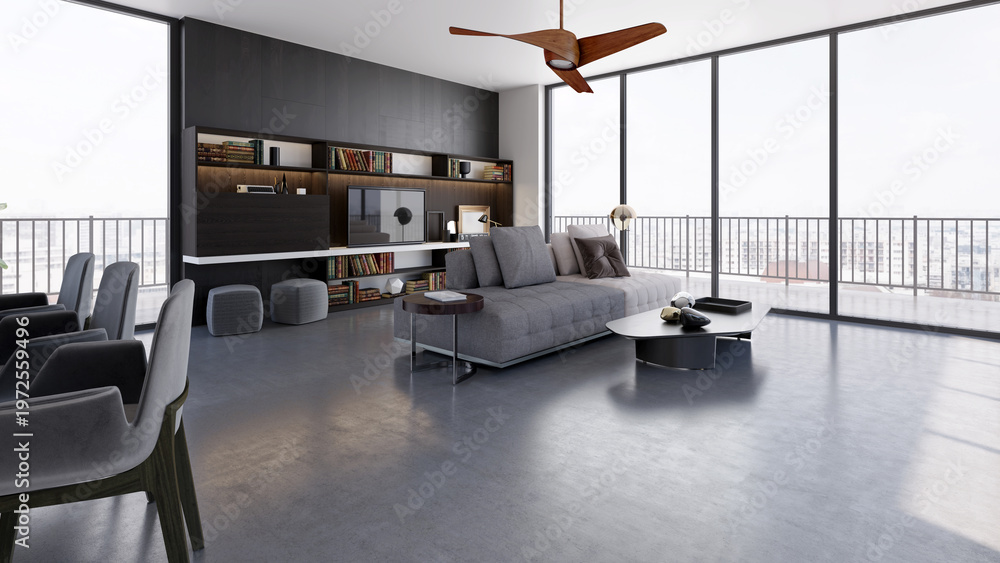 Obraz premium 3D render, illustration Luxury modern living room interior, realistic lighting, wide angle, contemporary furniture, clean lines, minimalist decor, elegant home design, large window