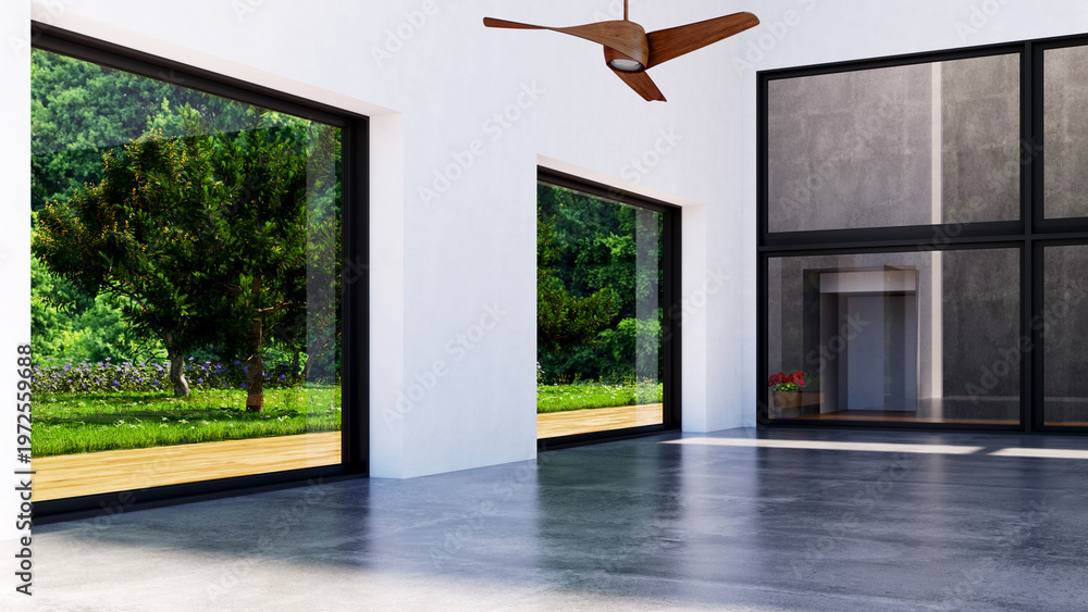 Obraz premium 3D render, illustration Luxury modern living room interior, realistic lighting, wide angle, contemporary furniture, clean lines, minimalist decor, elegant home design, large window