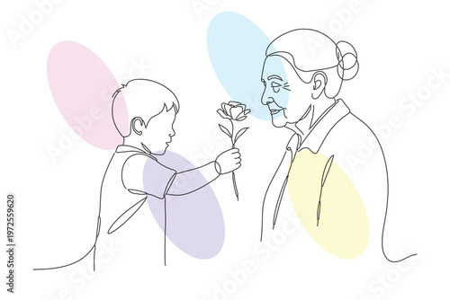 Touching Continuous Line Drawing of a Young Child Giving a Flower to Their Grandmother, Expressing Love and Affection on a Bright Day
