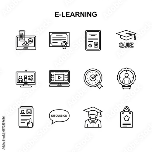 Set of E-learning icons representing online education, digital learning, and academic achievement