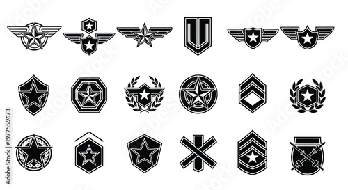 Vector illustration of set of military badges and rank insignia icons
