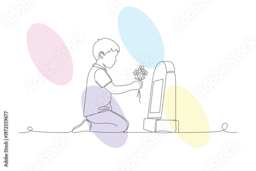 Touching illustration of a child kneeling before a gravestone with flowers, rendered in a continuous line drawing style, conveying love and remembrance.