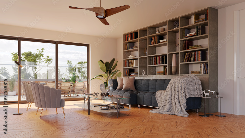 Obraz premium 3D render, illustration Luxury modern living room interior, realistic lighting, wide angle, contemporary furniture, clean lines, minimalist decor, elegant home design, large window