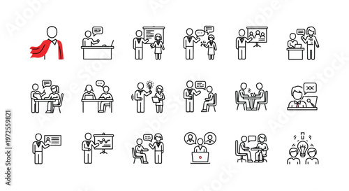 Vector illustration of business and office meeting line icon set