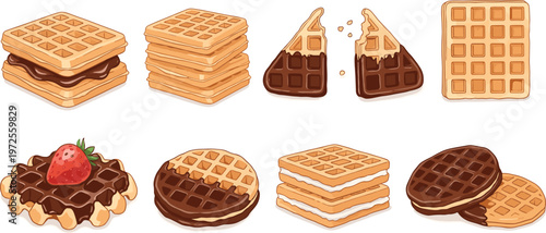 Delicious Belgian Waffle and Chocolate Dessert Set Featuring Strawberry Toppings, Cream Fillings, Dipped Biscuits, and Toasted Waffle Sandwiches for Sweet Food Menus