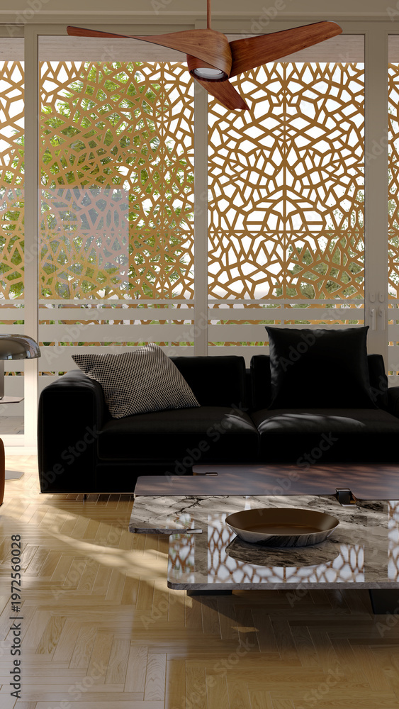 Naklejka premium 3D render, illustration Luxury modern living room interior, realistic lighting, wide angle, contemporary furniture, clean lines, minimalist decor, elegant home design, large window