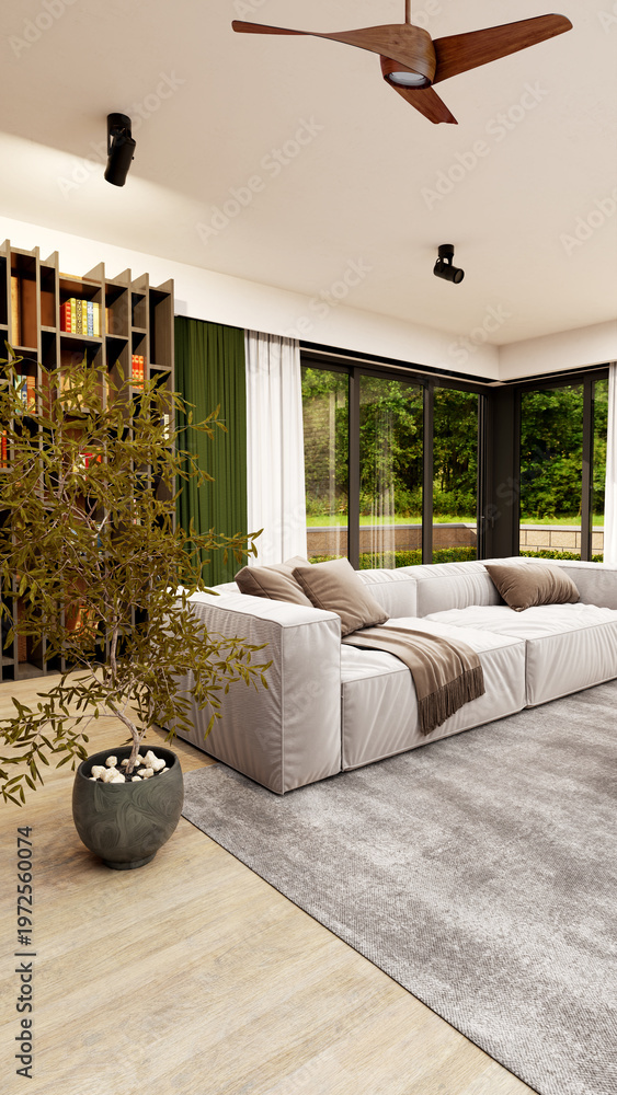 Naklejka premium 3D render, illustration Luxury modern living room interior, realistic lighting, wide angle, contemporary furniture, clean lines, minimalist decor, elegant home design, large window