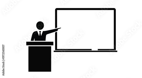 Vector illustration of teacher or speaker at a podium pointing at a blank whiteboard icon