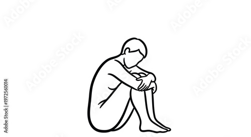 Vector illustration of line art illustration of a person sitting curled up in a fetal position