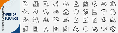 Insurance types and protection line icons set, vector minimalist outline design.