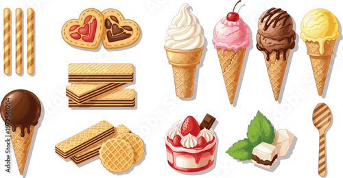 Delicious sweet dessert collection featuring various ice cream cones, chocolate waffles, strawberry cake, heart shaped cookies, and crispy wafer rolls for bakery and confectionery design.