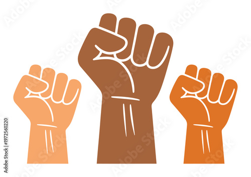 Three Raised Fists in Different Skin Tones Symbolizing Unity and Solidarity