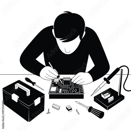 A person repairs electronic components using soldering tools and equipment