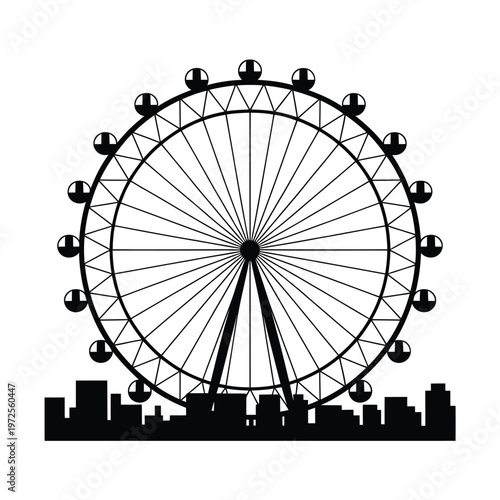 A striking black and white illustration of a ferris wheel and skyline