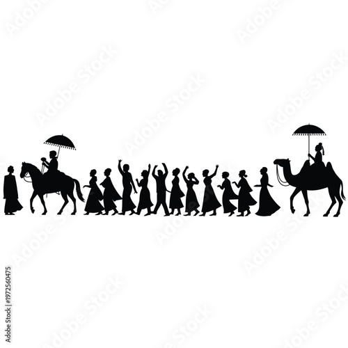 A regal procession featuring camels horses and celebratory figures