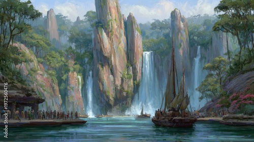 Majestic towering rock formations dominate a lush tropical cove featuring numerous waterfalls and traditional boats.