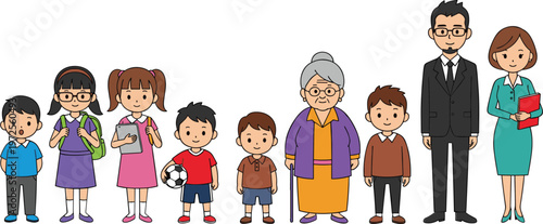Diverse Multi-Generational Character Set Featuring School Children, Senior Grandmother with Cane, and Professional Business Couple for Family and Social Community Designs