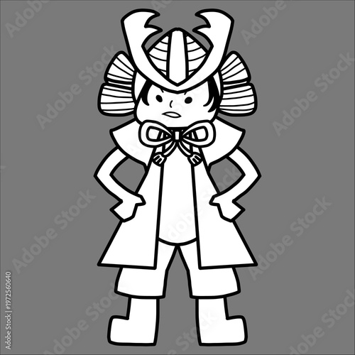 こどもの日に日本の兜を被って仁王立ちする和装の男の子全身立ち姿の白黒線画