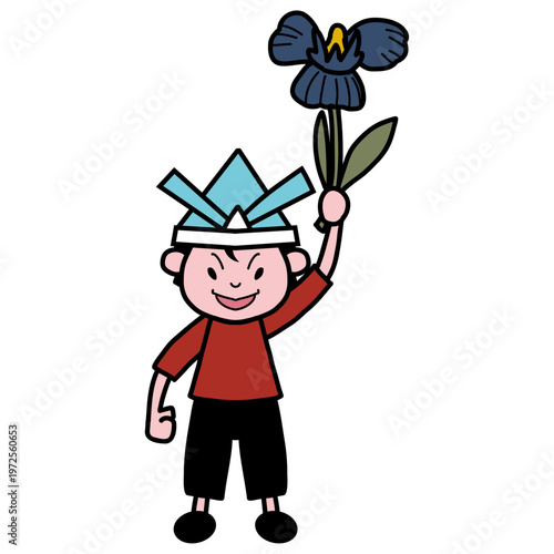 こどもの日に邪気払いの菖蒲を手に持ち掲げて折り紙の兜を被った日本の男の子の全身立ち姿