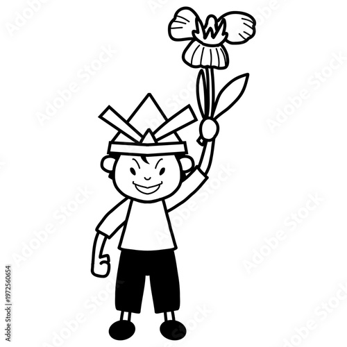 端午の節句に魔除けの菖蒲の花を手に持ち掲げて折り紙の兜を被った日本の男の子全身立ち姿の白黒線画塗り絵にも