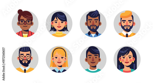 Vector illustration of set of diverse people avatars, flat vector character portraits