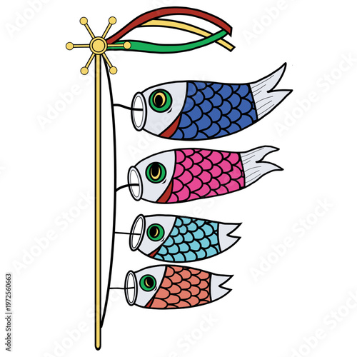 こどもの日に飾る4匹家族のかわいいカラフル鯉のぼりが風に泳いでいる素材