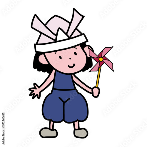 折り紙のピンクの兜を被って手に風車を持った日本のこどもの日を祝う女の子の全身立ち姿