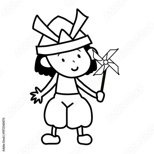 端午の節句で折り紙の兜を被りかざぐるまを手に持っった日本の伝統行事を楽しむ女の子の全身立ち姿を線画の白黒にして塗り絵も楽しめるベクター素材