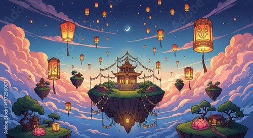 Dreamy celestial landscape with ancient Asian temples floating among soft clouds, illuminated by countless glowing sky lanterns under a peaceful night sky