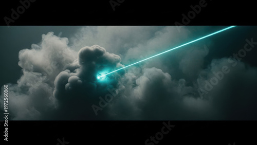 A bright blue laser beam shoots through a large cumulonimbus cloud with a glowing effect at its center.