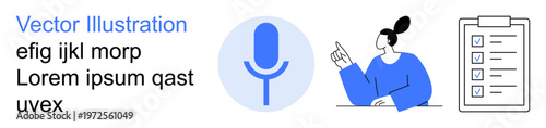 Digital communication, task organization, productivity tools, voice commands, user interaction, technology integration. Microphone icon, woman speaking checklist with tasks. Digital communication