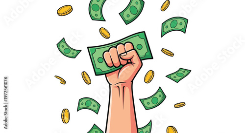 Vector illustration richly colorful hand holding cash surrounded by falling money on white background