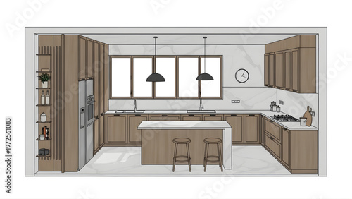 Contemporary Kitchen Layout 2D CAD Top View Cabinet Elevation Island Placement