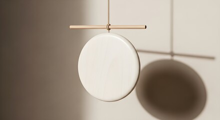 Round wooden sign hanging from a thin string creates a minimalist aesthetic for branding displays and interior design mockups that need a clean natural surface to showcase custom logos or promotional 