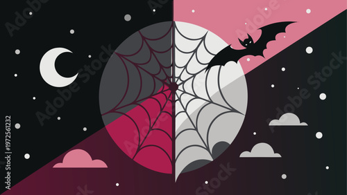 A cat stretching under a crescent moon in a starry night sky