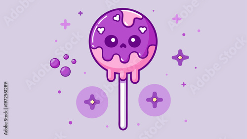 Cute purple cartoon germ with a mischievous face and lollipop