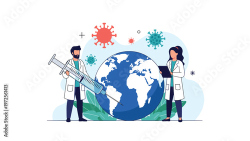 Two doctors in lab coats vaccinating the earth against virus particles symbolizing a global medical response or pandemic.