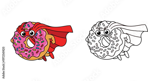 Superhero Donut Character Flying with Red Cape Color and Coloring Page Set for Kids Vector Illustration