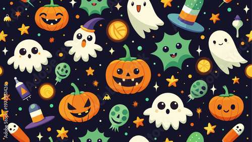 Halloween-themed collection of carved pumpkins and ghosts