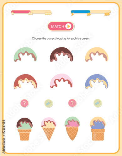 Educational logic game for preschool kids, find the same ice cream. Activity worksheet for developing visual perception, attention, and cognitive skills. 