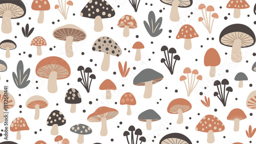 Seamless pattern design featuring various types of stylized forest mushrooms in earthy brown and beige tones on white.