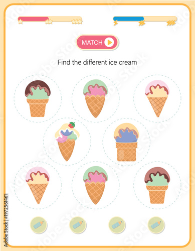 Educational logic game for kids, match the ice cream to its shadow. Preschool activity worksheet for developing visual perception, attention, and cognitive skills. Colorful vector illustration.