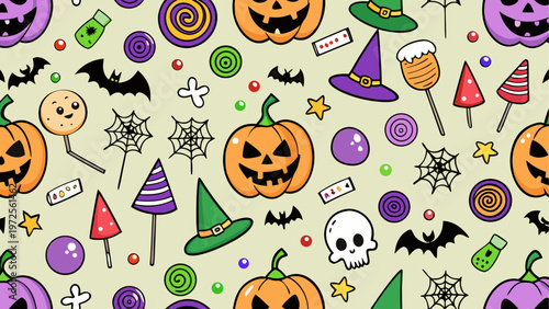Halloween-themed repeating pattern with spooky icons and elements