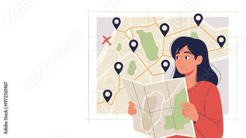 Young woman traveler looking at a paper map with a city map and location pins background for travel and tourism concept.