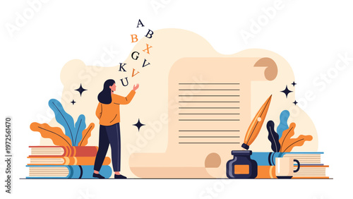 Woman writer or poet standing next to a large paper scroll with floating letters and stacks of books in a creative room.