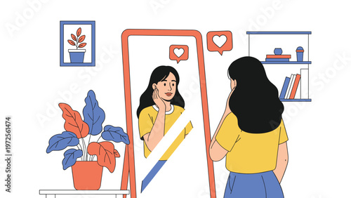 Confident young woman looking at her reflection in a full length mirror with floating heart symbols in her bedroom.