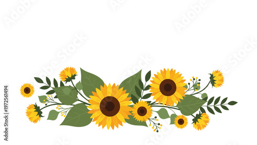 Horizontal floral arrangement of vibrant yellow sunflowers with green leaves and small yellow buds on a white background.